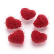 Faux Mink Fur Covered Cabochons, with Alloy Bottom, Heart, Silver Color Plated, Red, 14x17x6.5mm(WOVE-F021-05S-03)