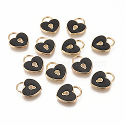 Alloy Enamel Charms, Heart Lock, Light Gold, Black, 13x11x1.5mm, Hole: 3x4mm(ENAM-S121-039E)