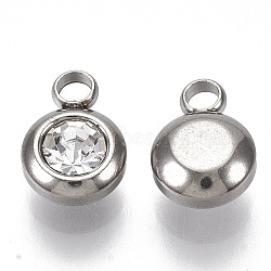 Rhinestone Charms, April Birthstone Charms, with 201 Stainless Steel, Flat Round, Stainless Steel Color, Crystal, 9x6.5x4mm, Hole: 1.8mm(STAS-S105-JN919-4)