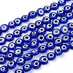 Handmade Evil Eye Lampwork Flat Round Bead Strands, Blue, 8x3.2mm, Hole: 1mm, about 49pcs/strand, 14.56 inch(X-LAMP-L058-8mm-04)