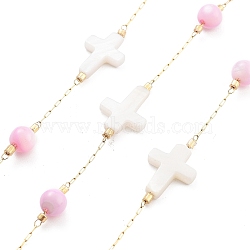 Handmade Round & Cross Natural Shell Beaded Chains, with Natural Ion Plating(IP) 304 Stainless Steel Paperclip Chains, Unwelded, Real 18K Gold Plated, Pink, 2.2x1x0.5mm(CHS-P019-03G-A)