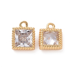 Brass Pendants with Clear Glass, Square Charms, Real 18K Gold Plated, 8.3x6.5x2.7mm, Hole: 1mm(KK-E068-VF215)