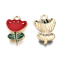 Eco-Friendly Zinc Alloy  Pendants, with Enamel, Flower, Cadmium Free & Nickel Free & Lead Free, Golden, Red, 19x12x2.5mm, Hole: 2mm(X-ENAM-R051-07-01G-NR)