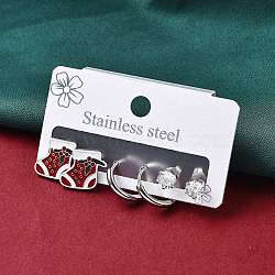 3 Pairs 3 Styles Christmas 304 Stainless Steel Hoop & Stud Earring Sets for Women, with Enamel & Cubic Zirconia & Rhinestone, Stainless Steel Color, 11~14x2~13mm, 1 pair/style(EJEW-K279-16P-01)