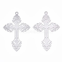 Tarnish Resistant 201 Stainless Steel Filigree Pendants, Etched Metal Embellishments, Cross, Stainless Steel Color, 40x25x0.3mm, Hole: 1.6mm(STAS-S118-033P)