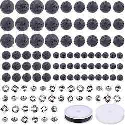 DIY Bead Stretch Bracelets Making Kits, Including Natural Lava Rock Round Beads, Tibetan Style Alloy Spacer Beads and Elastic Crystal Thread, Beads: 780pcs/set, Thread: 0.8mm, about 10m/roll, 2rolls/set(DIY-NB0004-61)