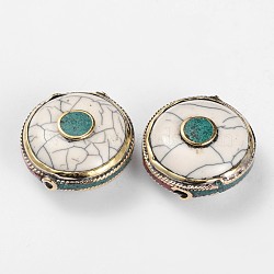 Tibetan Style Flat Round Beads, with Resin Imitation Beeswax, Synthetic Turquoise and Antique Golden Brass Findings, White, 30x29x14mm, Hole: 2mm(TIBEB-F041-02D)