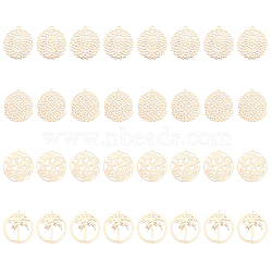 32Pcs 4 Styles Brass Pendants, Etched Metal Embellishments, Long-Lasting Plated, Flat Round with Leaf & Coconut Tree & Starfish/Sea Stars and Shell, Light Gold, 30~42.5x27~40x0.3mm, Hole: 1.2~1.8mm, 8pcs/style, 4styles, 32pcs(KKC-CA0001-08)
