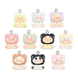 Opaque Resin Pendants, with 201 Stainless Steel Loops, Pig Charms, Mixed Color, 21.5x16.5x9mm, Hole: 1.5mm(RE-CBA5D24-04)