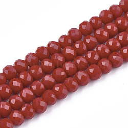 Opaque Solid Color Faceted Glass Beads Strands, Rondelle, Dark Red, 6x4mm, Hole: 1mm, about 87~90pcs/strand, 18.5 inch(X-EGLA-J047-6x4mm-06)