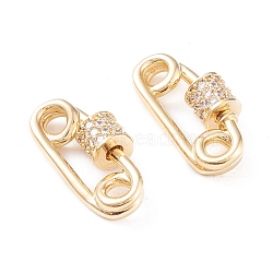 Brass Micro Pave Clear Cubic Zirconia Screw Carabiner Lock Charms, for Necklaces Making, Long-Lasting Plated, Safety Pin Shape, Real 18K Gold Plated, 17~19x10x5mm, Screw: 5x5mm(X-KK-F814-38G)