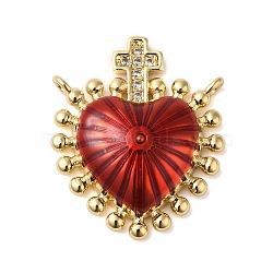 Rack Plating Brass Micro Pave Clear Cubic Zirconia Pendants, with Enamel, Cadmium Free & Lead Free, Real 18K Gold Plated, Heart with Cross Charm, Dark Red, 20x16.5x5mm, Hole: 1mm(X-KK-S372-02G)