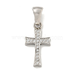 304 Stainless Steel Cubic Zirconia Pendants, Cross Charm, Stainless Steel Color, 18.5x10x2mm, Hole: 6x3mm(STAS-C102-04C-P)