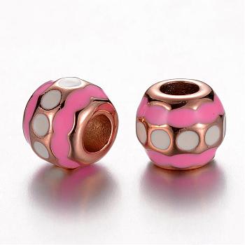 304 Stainless Steel Enamel European Beads, Rondelle, Rose Gold, Flamingo, 11.5x9.5mm, Hole: 4.5mm