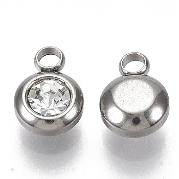 Rhinestone Charms, April Birthstone Charms, with 201 Stainless Steel, Flat Round, Stainless Steel Color, Crystal, 9x6.5x4mm, Hole: 1.8mm