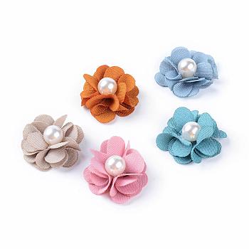 Handmade Cloth Woven Costume Accessories, with ABS Plastic Imitation Pearl, Flower, Mixed Color, 24~27x10mm