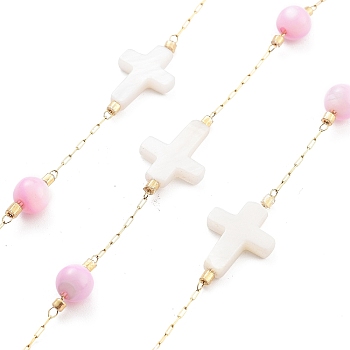 Handmade Round & Cross Natural Shell Beaded Chains, with Natural Ion Plating(IP) 304 Stainless Steel Paperclip Chains, Unwelded, Real 18K Gold Plated, Pink, 2.2x1x0.5mm