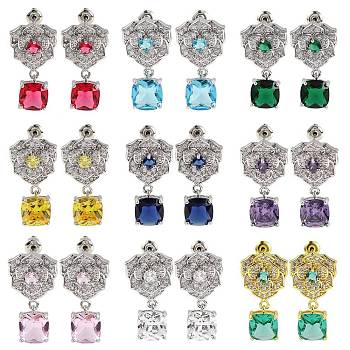 Rack Plating Brass Micro Pave Cubic Zirconia Dangle Stud Earrings, Flower, Mixed Color, 26.5x14.5mm