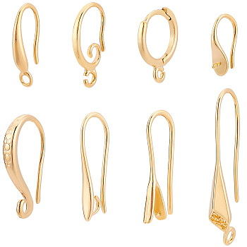 40Pcs 8 Style Rack Plating Eco-friendly Brass Hoop Earring Findings, with Loop and Pinch Bails, 8Pcs Hoop Earring Findings, Lead Free & Cadmium Free, Golden, 13~29x11.5x1.5~4.5mm, Hole: 1~1.5mm, Pin: 0.5~1mm, 6Pcs/style