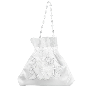 Bridal Wedding Small Purse Silk pouch, Drawstring Bag, with Plastic Beads, Rectangle with 3D Flower, White, 22.1x22.5x0.9cm