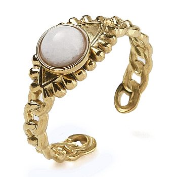 Natural White Jade Finger Rings, Eye 304 Stainless Steel Open Cuff Rings, Real 18K Gold Plated, 8mm, Adjustable