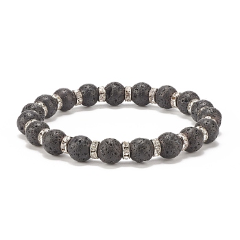 Natural Lava Rock Stretch Bracelet with Crystal Rhinestone Beads, Essential Oil Gemstone Jewelry for Women, Beads: 8.5mm, Inner Diameter: 2-1/4 inch(5.6cm)
