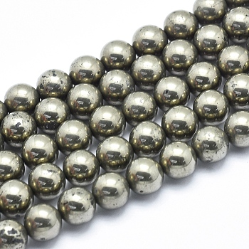 Natural Pyrite Beads Strands, Round, 8mm, Hole: 1mm, about 49pcs/strand, 15.5 inch