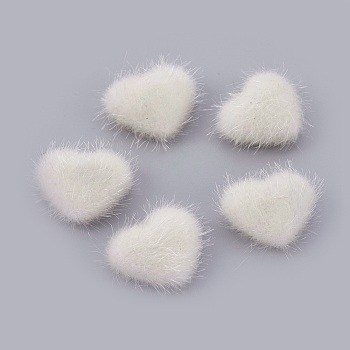 Faux Mink Fur Covered Cabochons, with Alloy Bottom, Heart, Silver Color Plated, Beige, 14x17x6.5mm