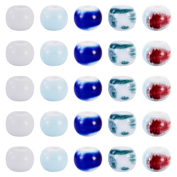 50Pcs 5 Colors Handmade Porcelain Beads, Round, Bright Glazed Porcelain, Mixed Color, 6~7x5~6mm, Hole: 2mm, 10pcs/color 