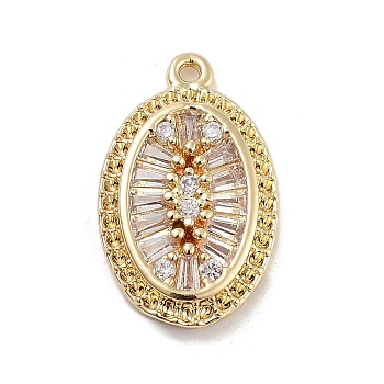 Brass with Clear Cubic Zirconia Pendants, Real 14K Gold Plated, Oval, 18x11x2.5mm, Hole: 1mm