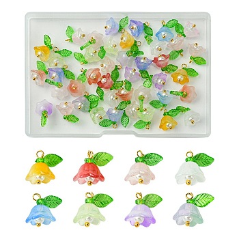 40Pcs Glass & Plastic Pendant, with Brass Findings, Flower, Mixed Color, 13mm, Hole: 2.5mm