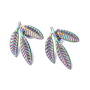 Ion Plating(IP) 304 Stainless Steel Leaf Stud Earrings for Women, Rainbow Color, 23x18mm, Pin: 0.7mm