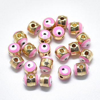 Alloy Enamel Beads, Column with Evil Eye, Light Gold, Pink, 5.5x6x6mm, Hole: 1.4mm