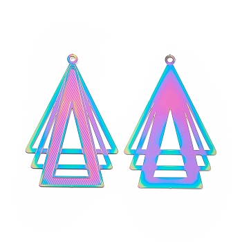 304 Stainless Steel Pendants, Etched Metal Embellishments, Triangle Charm, Rainbow Color, 42.5x27x0.3mm, Hole: 1.6mm