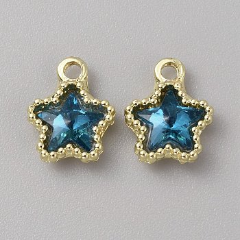 Glass Pendants, with Light Gold Alloy Finding, Star Charms, Prussian Blue, 13x10.5x4mm, Hole: 2mm