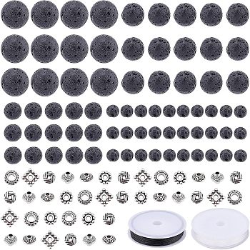 DIY Bead Stretch Bracelets Making Kits, Including Natural Lava Rock Round Beads, Tibetan Style Alloy Spacer Beads and Elastic Crystal Thread, Beads: 780pcs/set, Thread: 0.8mm, about 10m/roll, 2rolls/set