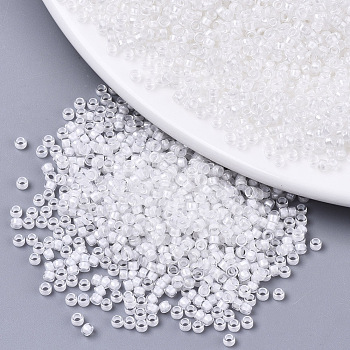 Glass Seed Beads, Fit for Machine Eembroidery, Transparent Inside Colours, Round, White, 2.5x1.5mm, Hole: 1mm, about 2222pcs/50g