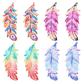 16Pcs 4 Colors Spray Painted 430 Stainless Steel Pendants, Etched Metal Embellishments, Feather, Mixed Color, 47x19x0.6mm, Hole: 1mm, 4pcs/color