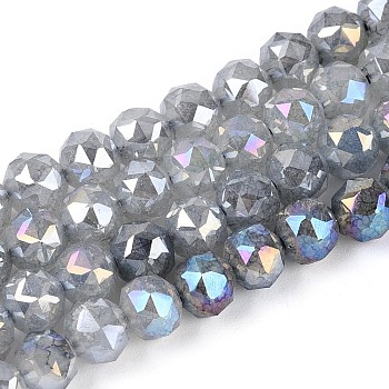 Anti-Tarnish Electroplate Glass Beads Strands, Round, Imitation Jade, Gradient Color, Faceted, Dark Gray, 5.5~6mm, Hole: 1~1.2mm, about 65~69pcs/strand, 13.58~14.76''(34.5~37.5cm)