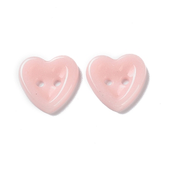 Ceramics Buttons, 2-Hole, Heart, Pink, 15x15x2.5mm, Hole: 1.6mm