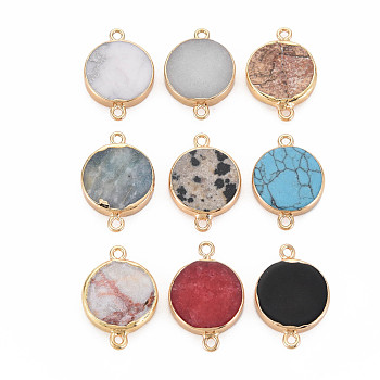 Natural Mixed Stone Connector Charms, with Light Gold Plated Brass Loops, Flat Round, 24~26x17x4~4.5mm, Hole: 1.6mm
