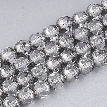 Electroplate Glass Beads Strands, Half Silver Plated, Faceted, Round, Clear, 8~8.5x7~8mm, Hole: 1mm, about 40pcs/strand, 11.8 inch