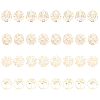 32Pcs 4 Styles Brass Pendants, Etched Metal Embellishments, Long-Lasting Plated, Flat Round with Leaf & Coconut Tree & Starfish/Sea Stars and Shell, Light Gold, 30~42.5x27~40x0.3mm, Hole: 1.2~1.8mm, 8pcs/style, 4styles, 32pcs