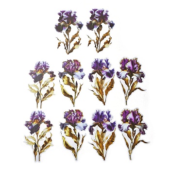 10Pcs 5 Styles Flower PET Waterproof Stickers, Floral Self-Adhesive Decals for DIY Scrapbooking, Photo Album Decoration, Purple, 130x75~80x0.2mm, 2pcs/style