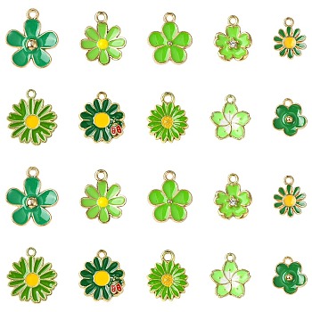 60Pcs 10 Styles Golden Tone Alloy Enamel Pendants, Flower Charm, Green, 13~20.5x11.5~17.5x1~3mm, Hole: 1.4~2mm, 6pcs/style