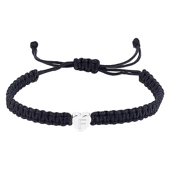 1Pc Adjustable Nylon Cord Braided Bracelets for Women Men, with Silver 304 Stainless Steel Heart with Letter Jewelry, Lead Free & Nickel Free & Cadmium Free, Letter F, Inner Diameter: 17-3/4~18 inch(45~45.8cm)
