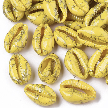Spray Painted Natural Cowrie Shell Beads, Drawbench, No Hole/Undrilled, Yellow, 18~21x12~15x7mm