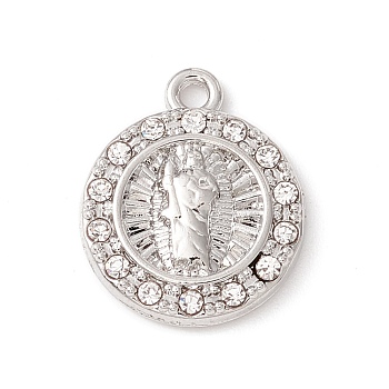 Alloy Micro Pave Cubic Zirconia Pendants, Flat Round with Virgin Mary, Platinum, 15x12.5x2.5mm, Hole: 1.4mm