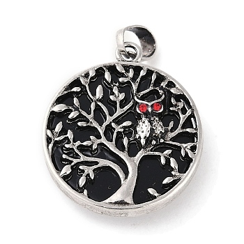 Natural Obsidian Tree of Life with Owl Pendants, Rack Plating Anstique Silver Plated Alloy Siam Rhinestone Flat Round Charms, Lead Free & Cadmium Free, 31.5x27.5x10~11mm, Hole: 8x4mm