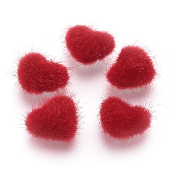 Faux Mink Fur Covered Cabochons, with Alloy Bottom, Heart, Silver Color Plated, Red, 14x17x6.5mm
